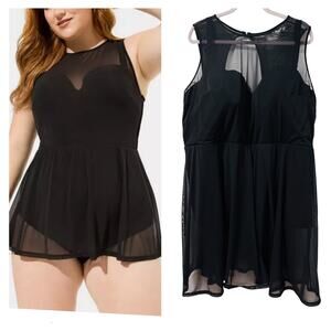 Torrid 2 Bra Cup DD/F Black Underwire Long‎ Mesh Overlay Swim Dress w/Briefs New